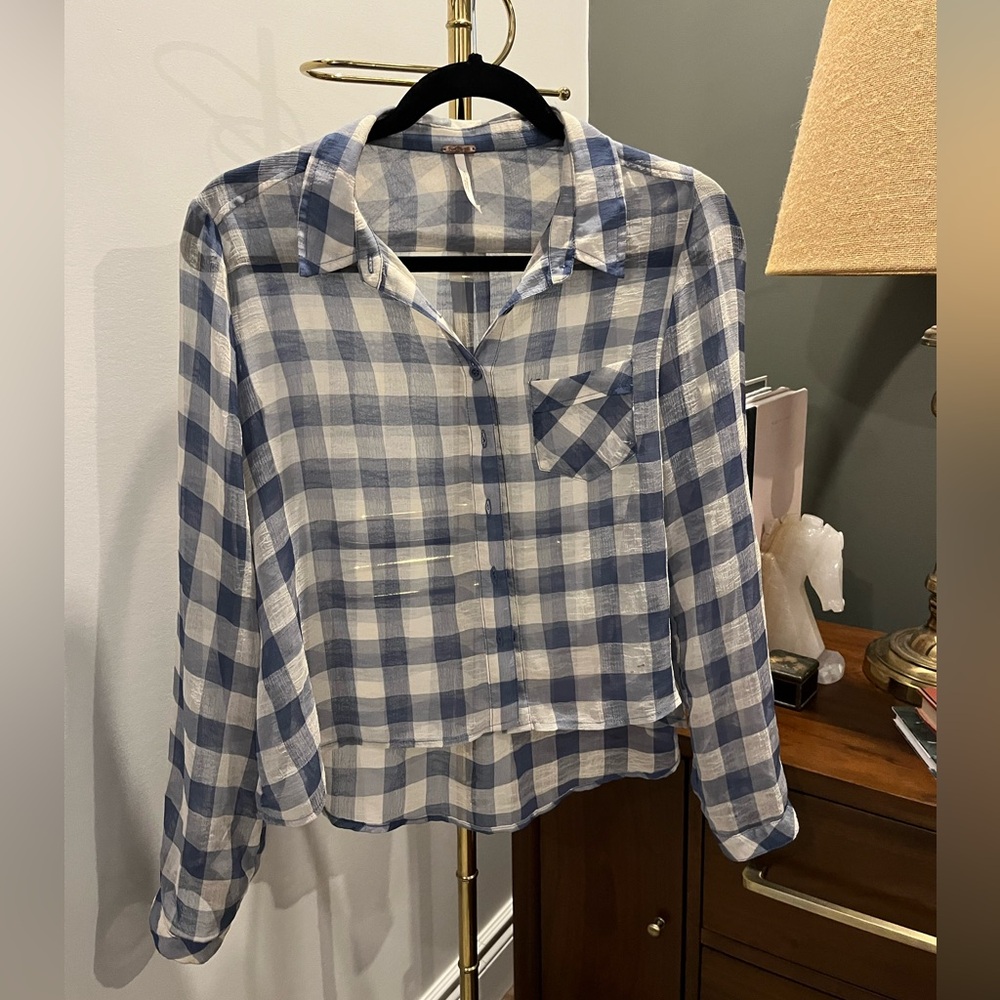 Free People Blue and White Plaid Sheer Button-Up Shirt